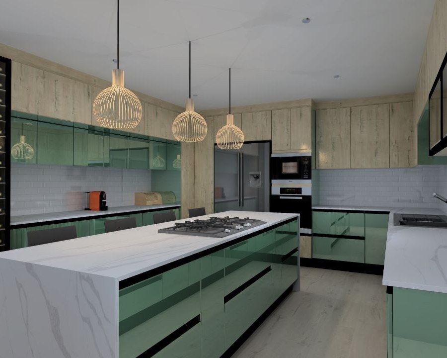 Green gloss kitchen design with marble island, wine rack and wood accents